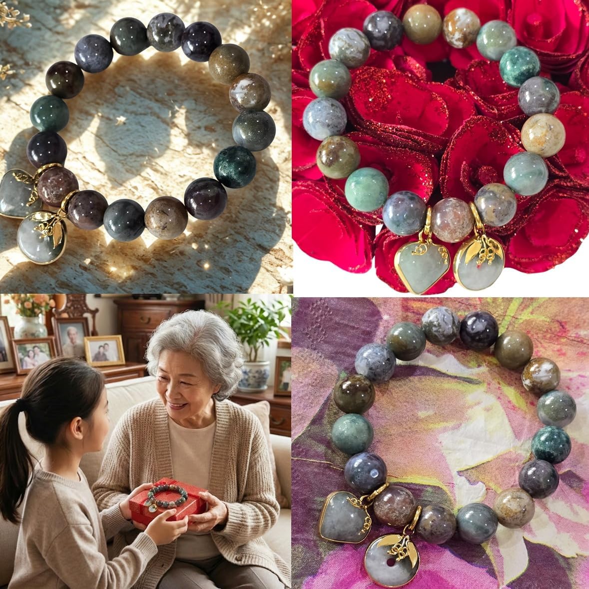 Five-Color Jade Beaded Bracelet 12.30mm Natural Jade Stretch Bracelet for Women – Feng Shui Wealth & Protection Crystal Bracelet with Gold Charm – Yoga Meditation Healing Jewelry Gift