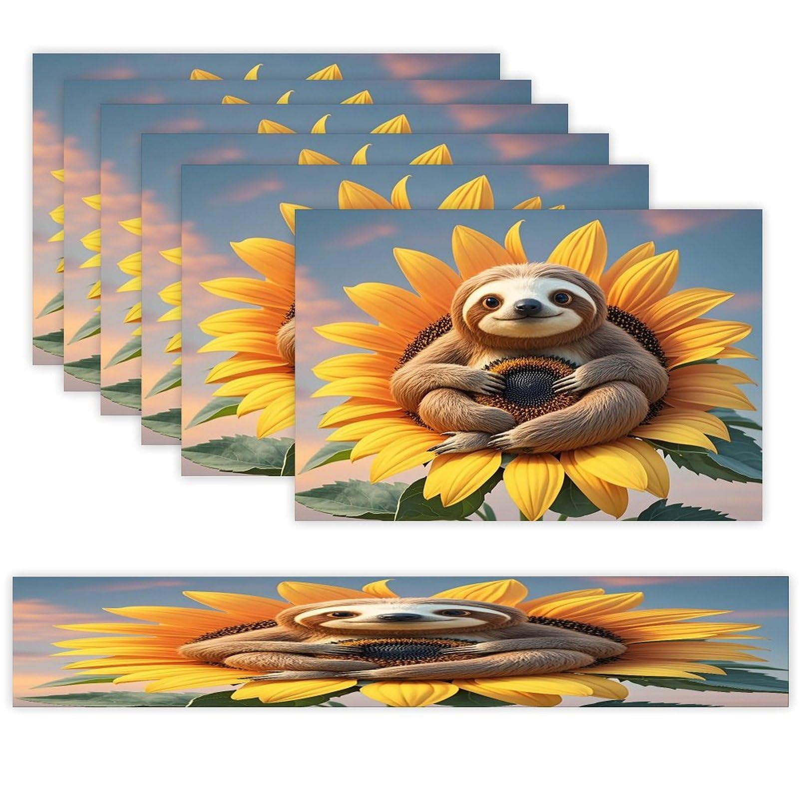 Sloth Sitting on Sunflower Placemats Set of 6 and Table Runner for Holiday Party Kitchen Dining Table Decor Farmhouse Style Washable Table Mat Set Heat Resistant Linen Place Mat Sets