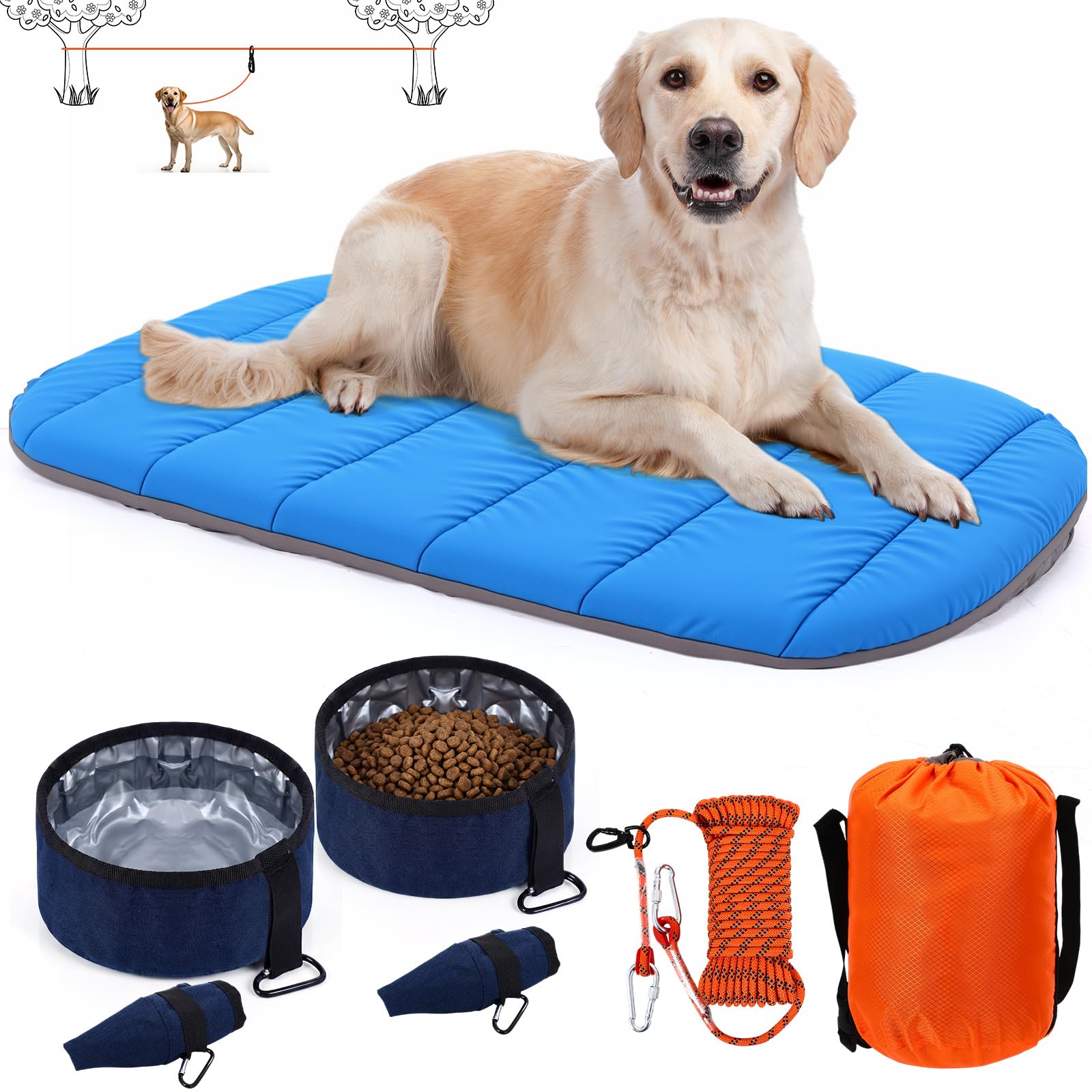 Photo 1 of 4 Pcs Dog Camping Essentials Set Include 1 Pack 39.4 x 29.5 Inch Foldable Dog Bed 2 Pcs Portable Collapsible Dogs Bowls 1 Pack 50 ft Heavy Duty Pet Tie Out Cable for Camping Travel Outdoor Activities