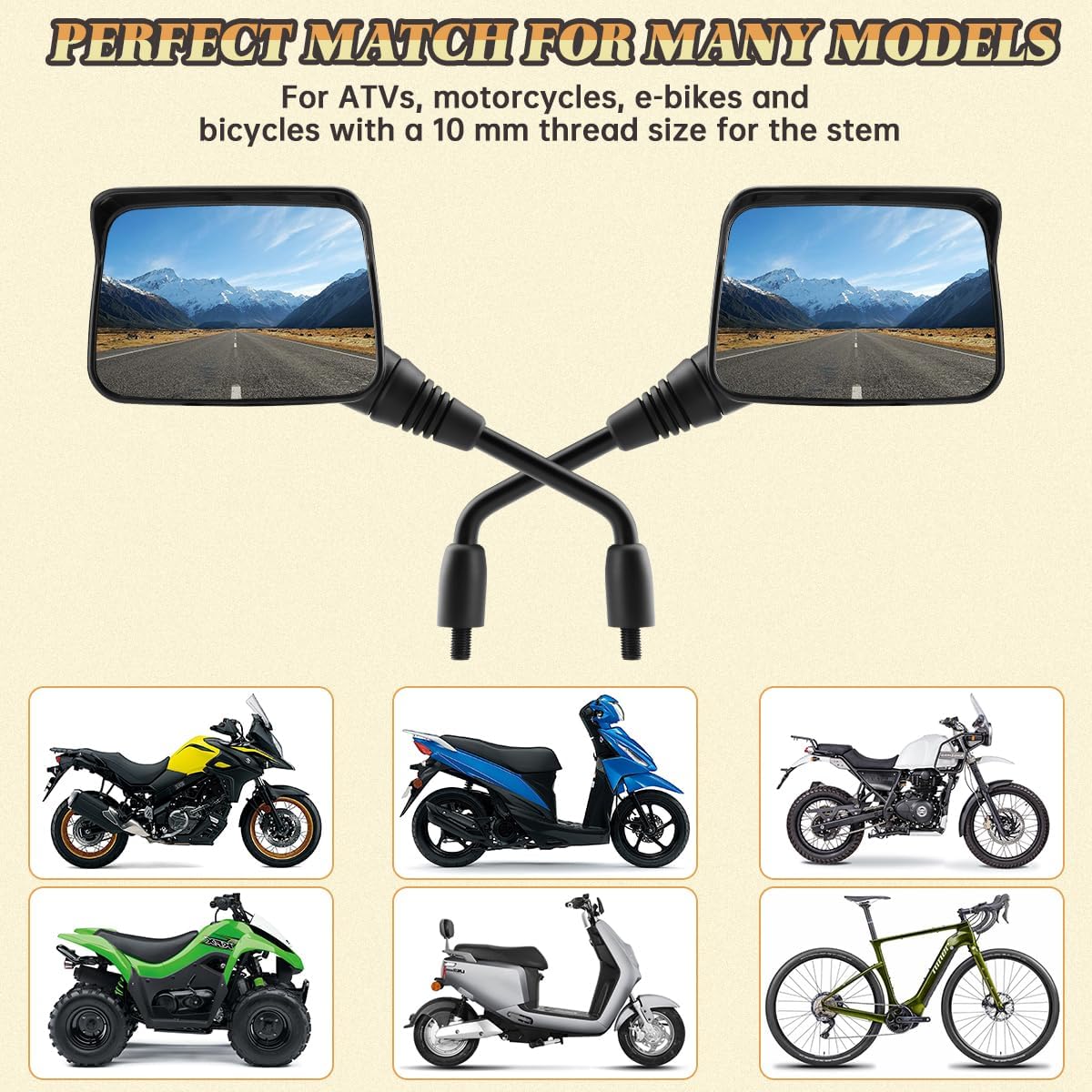 Motorcycle Mirrors 10mm,Suitable for Rain and Snow ATV Mirrors (2 Pack),Fits 7/8"Handlebar Scooter、Moped、Dirt Bike,Compatible with Polaris Sportsman,Can Am Outlander,Honda Grom,Kawasaki Vulcan - Image 4