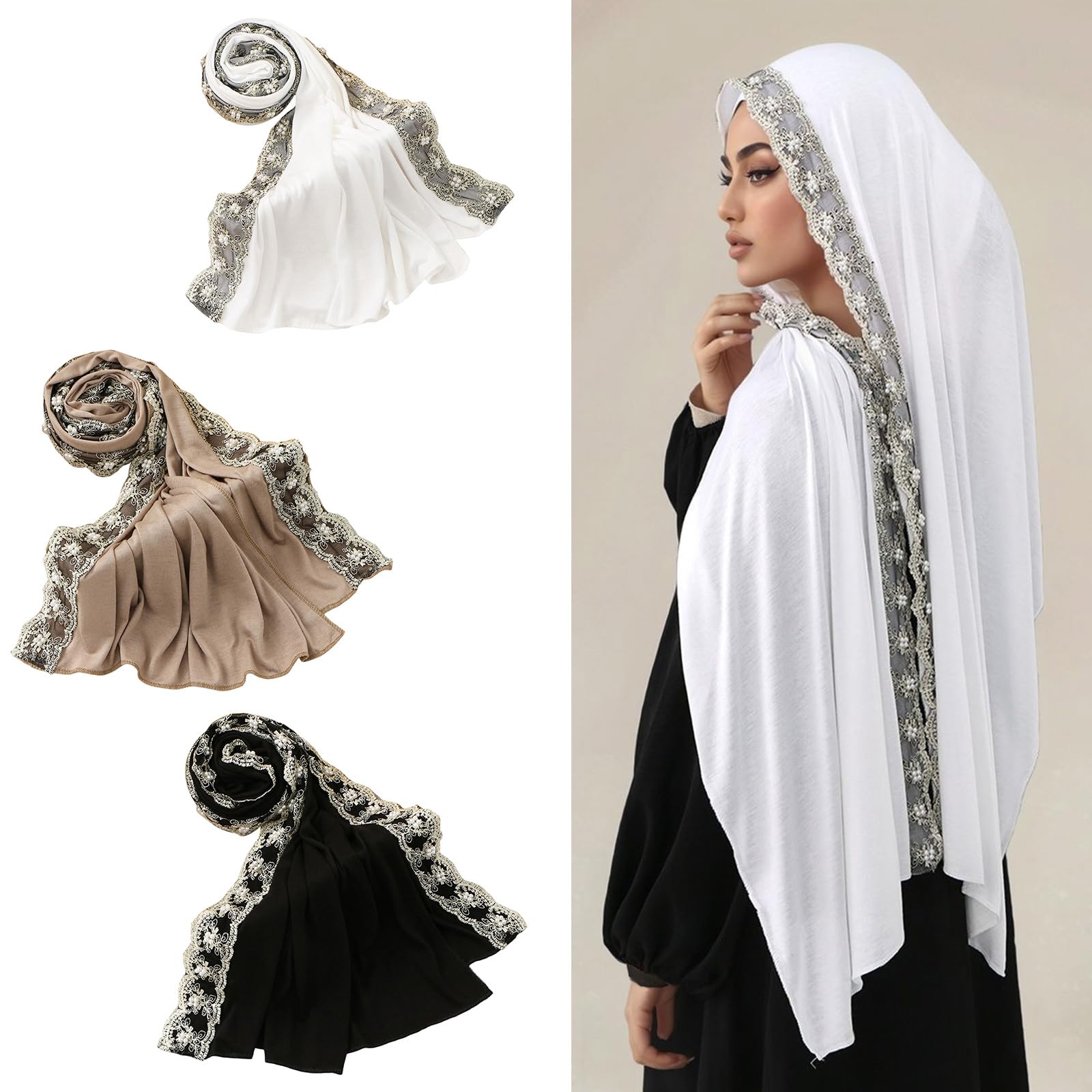 Elegante bandana hiyab para hombres, mujeres y niños, como cubierta para la cabeza o bufanda de encaje con cuentas, bufanda de hiyab de fácil cuidado
