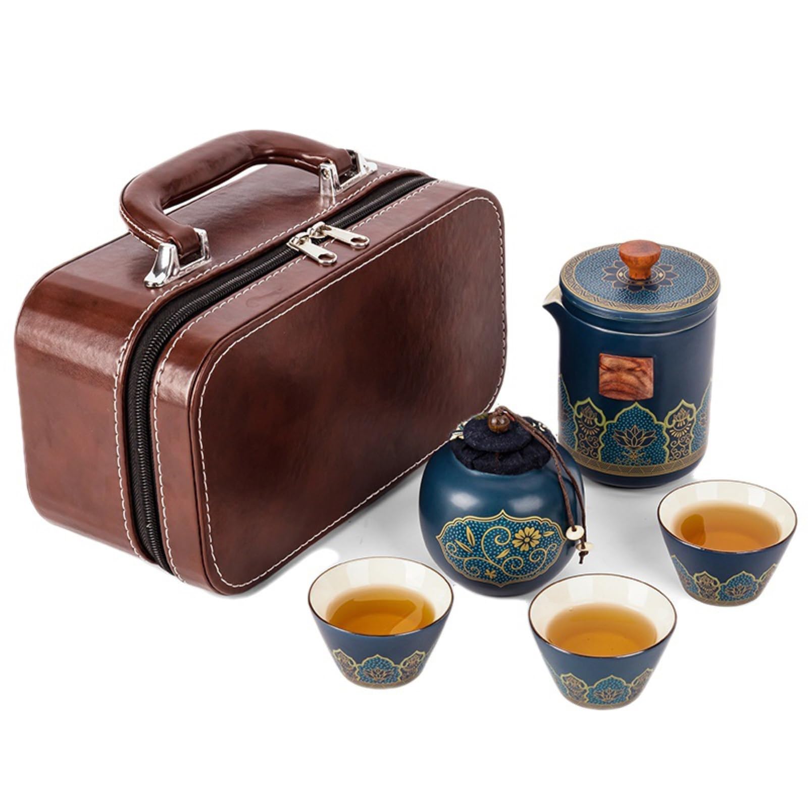 Juego de té clásico japonés con tres tazas en una olla, juego de té rojo con tres tazas en una olla