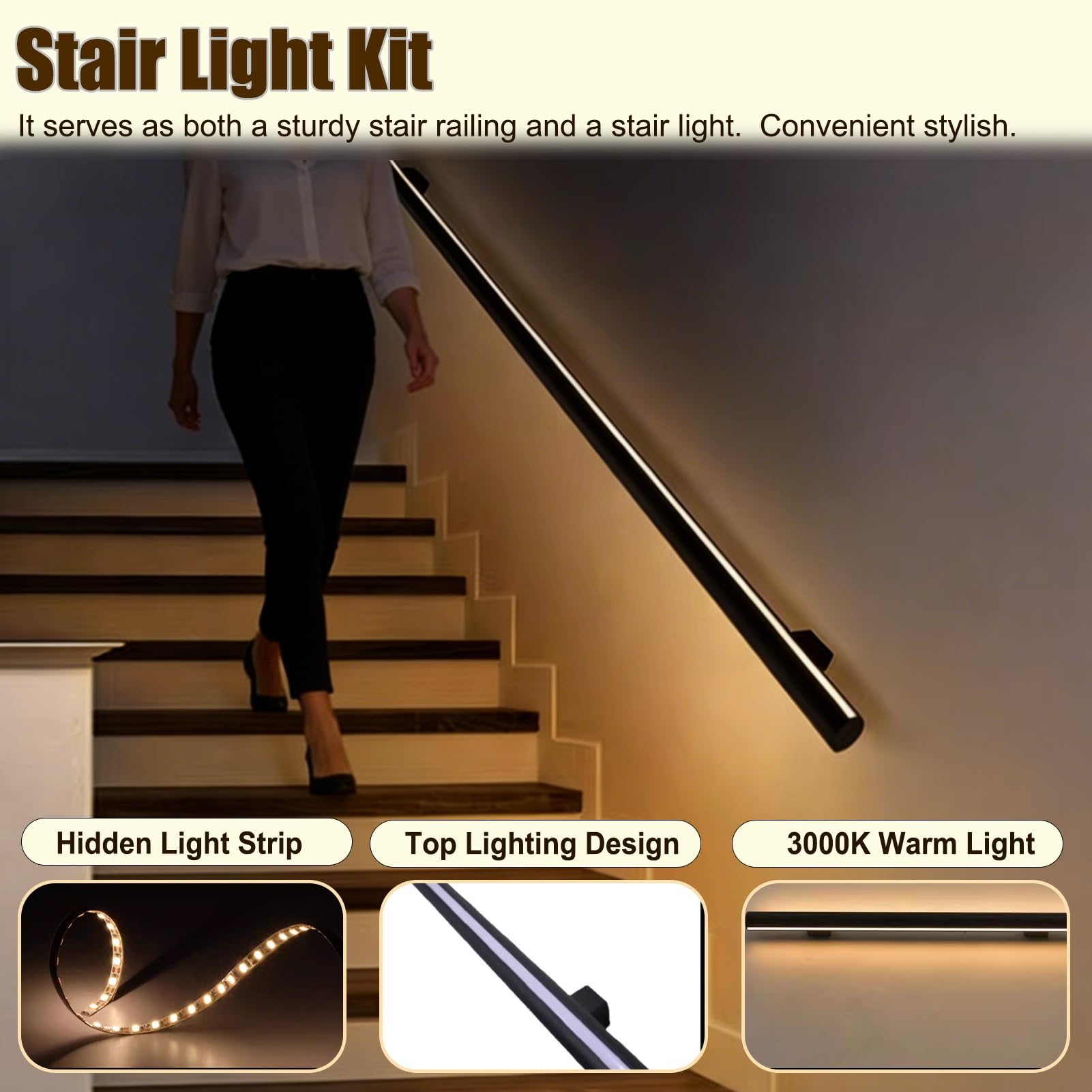 Pasamanos de escalera iluminado con sensores duales, barandilla de escalera de aluminio cableada para interiores, pasillo o loft seguridad en el hogar