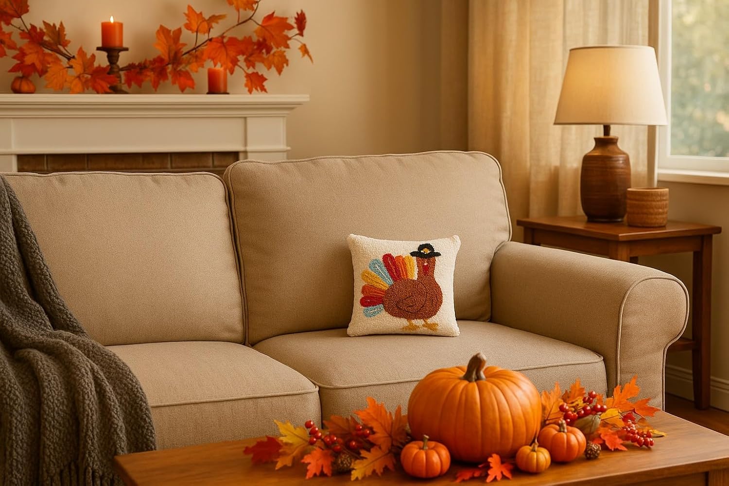 C&F Home Colorful Turkey Tail Pilgrim Hat Hooked Small Petite Mini Thanksgiving Accent Pillow 10" x 10" Autumn Fall Harvest Home Living Room Sofa Couch Chair Bed Bedroom Decor Decoration 10" x 10"
