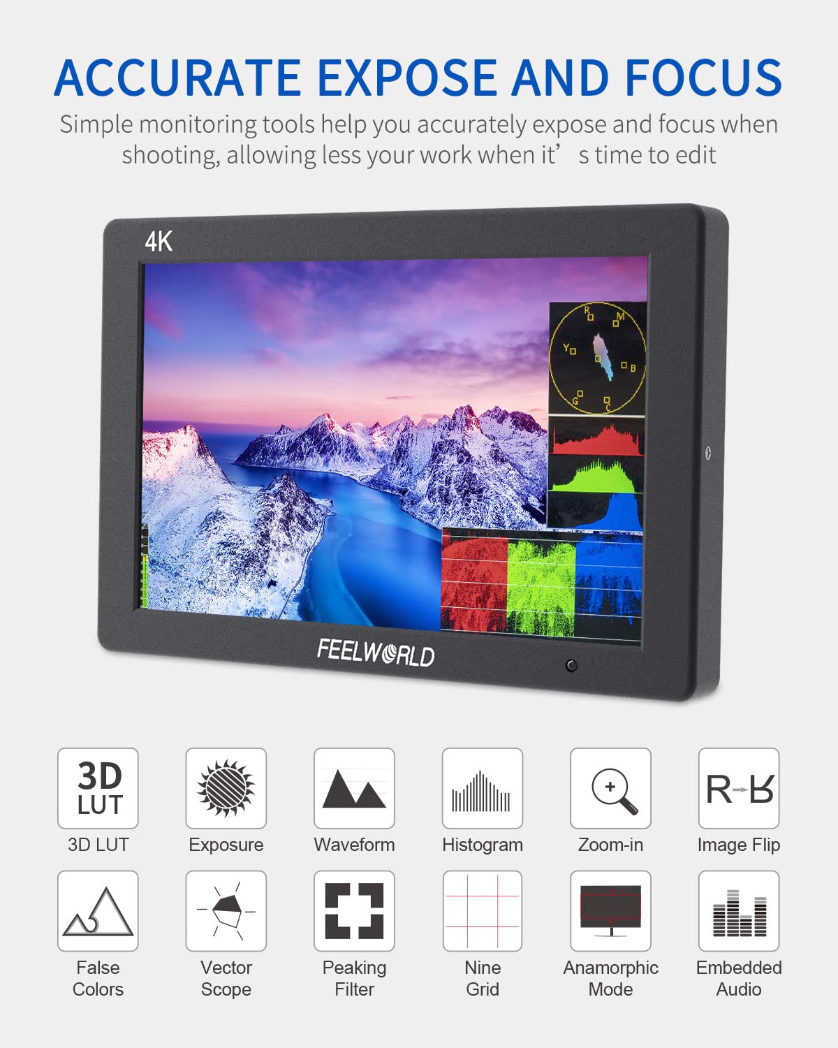 Feelworld T7 Plus Monitor da campo DSLR da 7 pollici per fotocamera 3D Gimbal LUT Waveform Vector 1920x1200 IPS 4K Uscita HDMI
