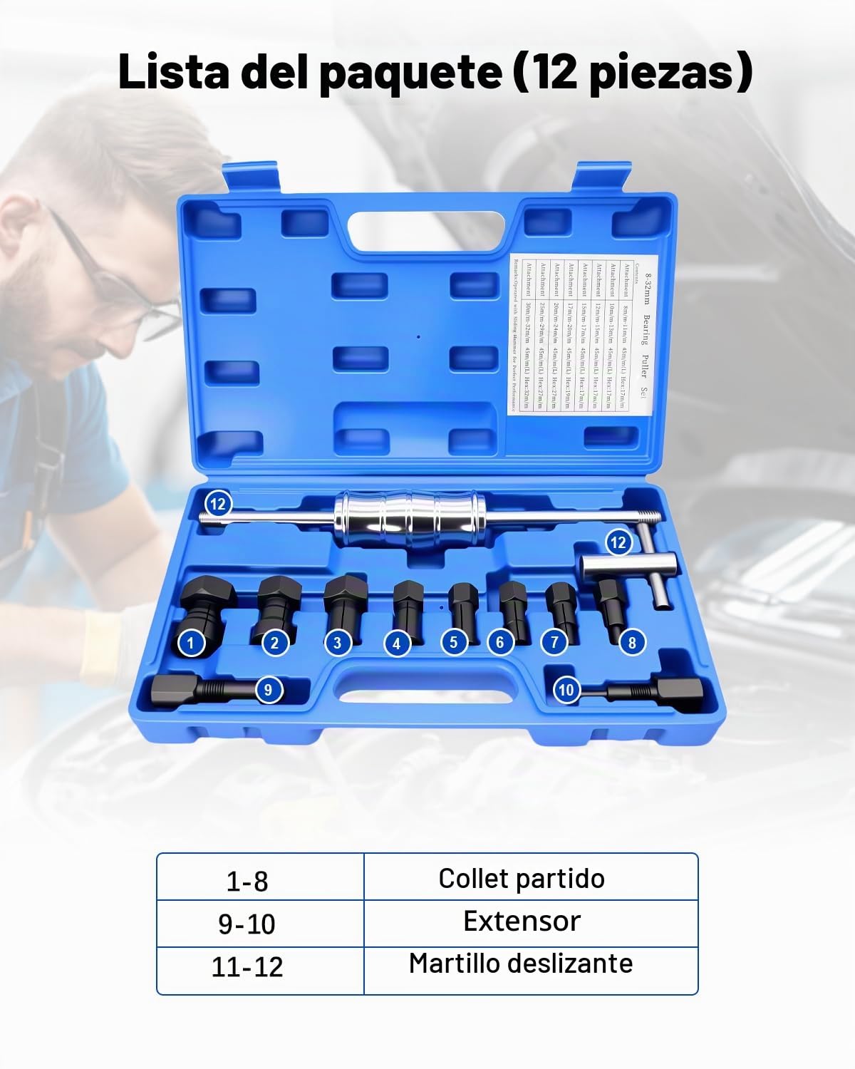 Juego de extractor de rodamientos internos con martillo deslizante y pinzas ajustables (8-32 mm), para coches, motocicletas y bicicletas