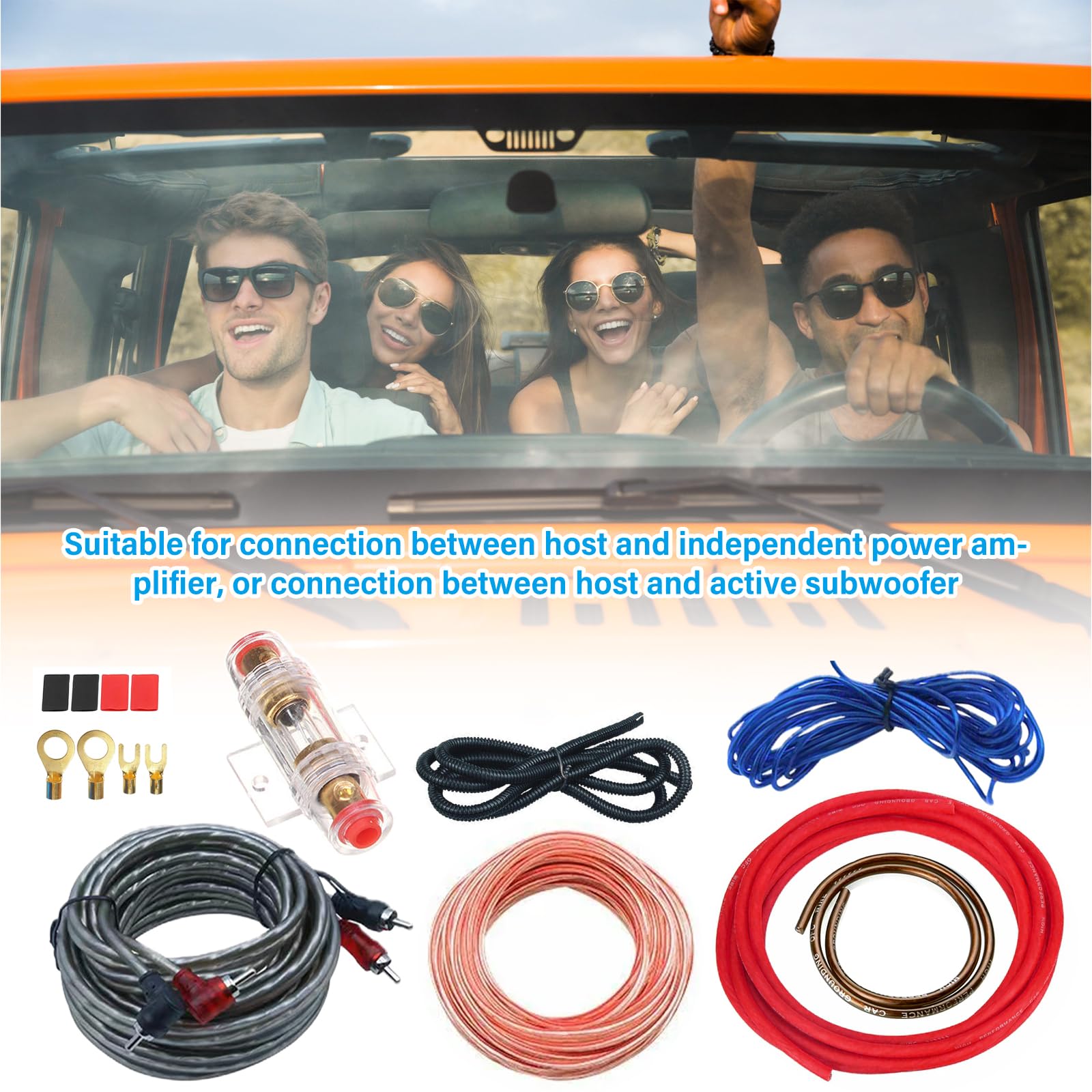 PORFOYO 4GA, set di cavi amplificatori per auto, 5 metri, set di cavi per amplificazione di uscita, cavo per subwoofer, cavo audio per auto con cavo RCA, portafusibili, capicorda forcella per