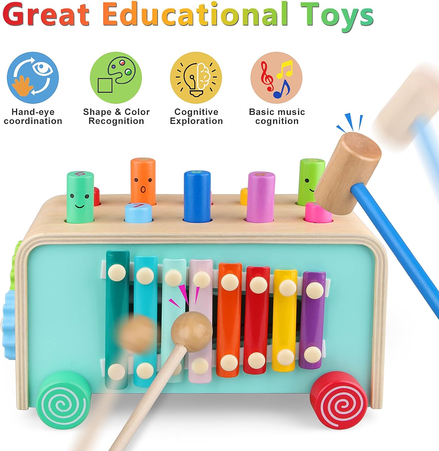 Montessori Baby Hammer Pounding Toy for Toddlers Boys Girls 2 3 4 Years Old, Educational Learning Toy Xylophone Color Shape Easter Basket Stuffers for Toddlers Valentine's Day Gift