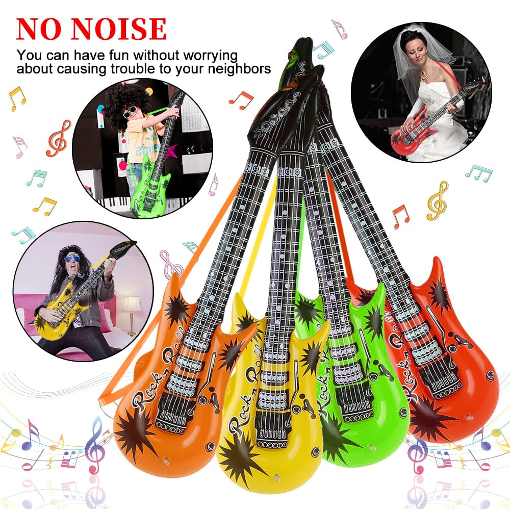 Lot De 9 Guitares Gonflables Colorées 90cm - Accessoires Fête Rock Star Et Décoration Anniversaire
