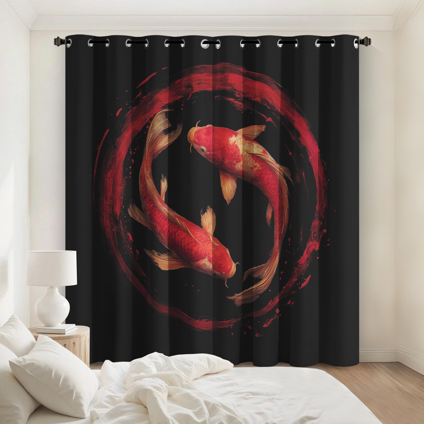 Rideaux motif poisson yin yang oriental occultants pour fenêtres de salon - Lot de 2 draperies