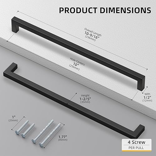 Miniatura 2 de Goldenwarm - Paquete de 10 tiradores de cajón cuadrados negros de acero inoxidable, herrajes modernos para armarios de cocina y baño, distancia