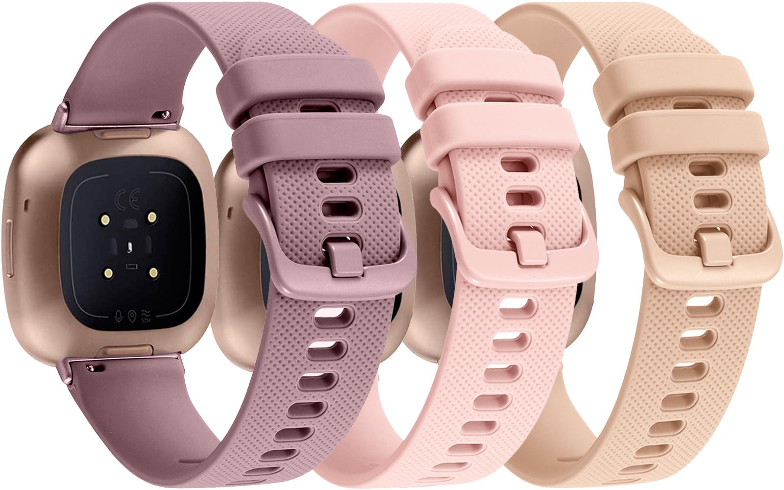 3-Pack Sport Bands Compatible with Fitbit Versa 4/Versa 3/Sense 2/Sense Band, Classic Soft Silicone Replacement Wristband Strap Accessories for Women Men(Smoke Violet/Pink/Milk Tea)