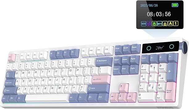 EPOMAKER TH108 PRO Full Size Mechanical Keyboard with Screen & Knob, Wireless Gaming Keyboard with 10000mAh, Creamy Gasket, Hot Swap, Custom Driver, RGB Backlight White, Sea Salt Silent