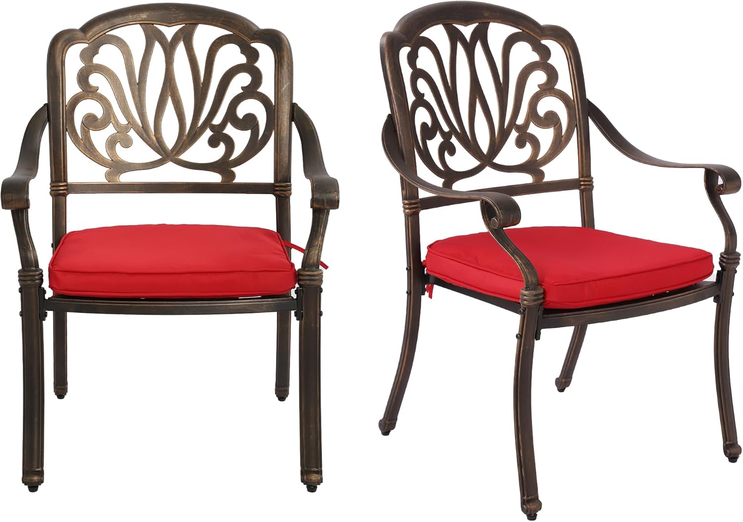 Set of 2 Cast Aluminum Patio Dining Chairs, All-Weather Stackable Outdoor Dining Chairs with Adjustable Feet, Outdoor Bistro Chairs for Balcony, Backyard (Flower Chairs red Cushions) (Red)