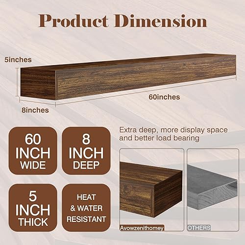 Miniatura 3 de Mantel de chimenea de 60 pulgadas, estante de madera maciza con soportes ocultos, estantes flotantes para decoración de pared, dormitorio, TV, sala