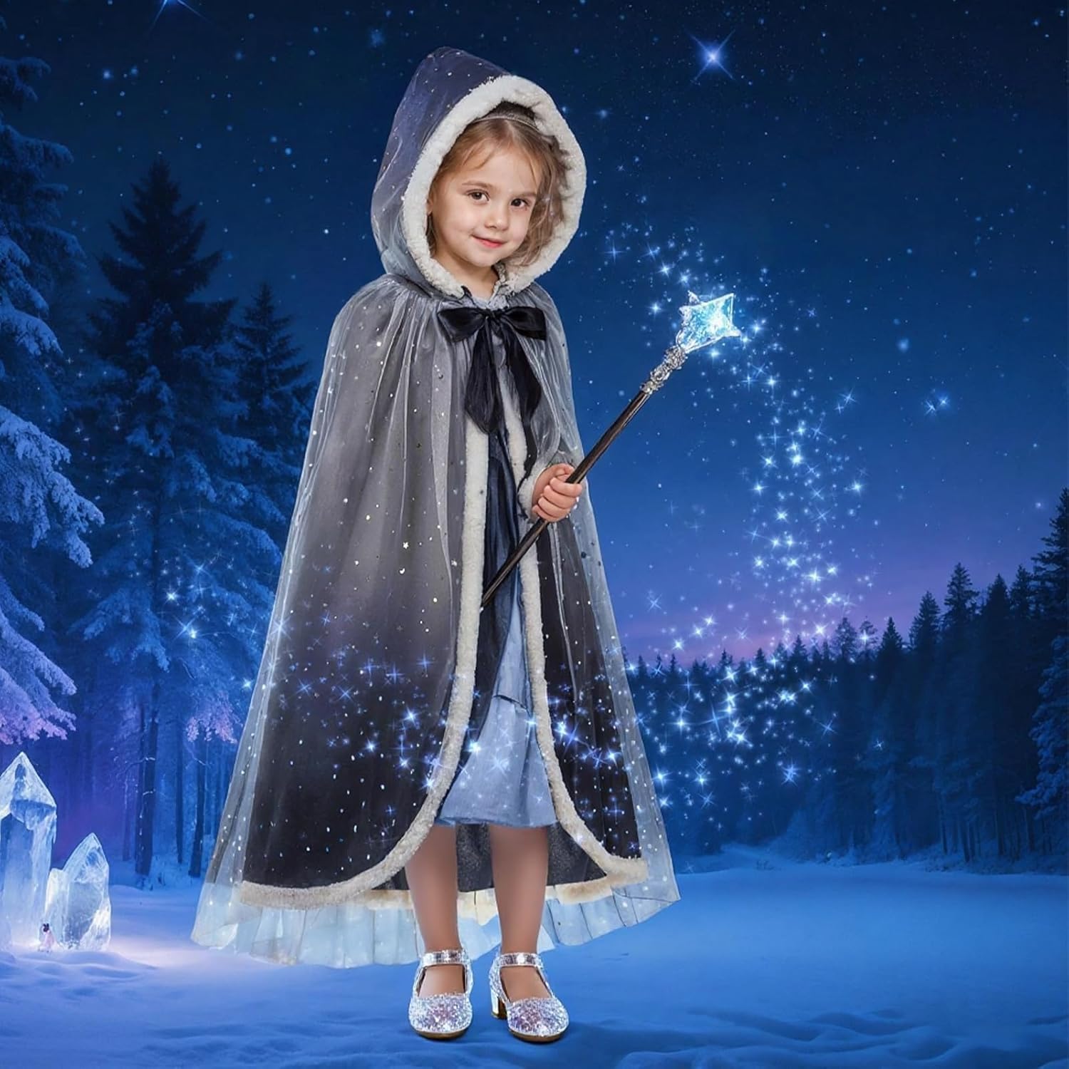 Girls Princess Dress with Crown Magic Wand Cape Princess Costumes for Party Cosplay3-9 - Image 2