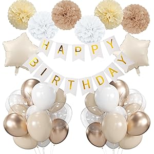 Rabbmall Birthday Decorations for Women White Sand Champagne Gold Party Decor Supplies Including Happy Birthday Banner Confetti Latex Nude Balloon Foil Balloon and Ribbon