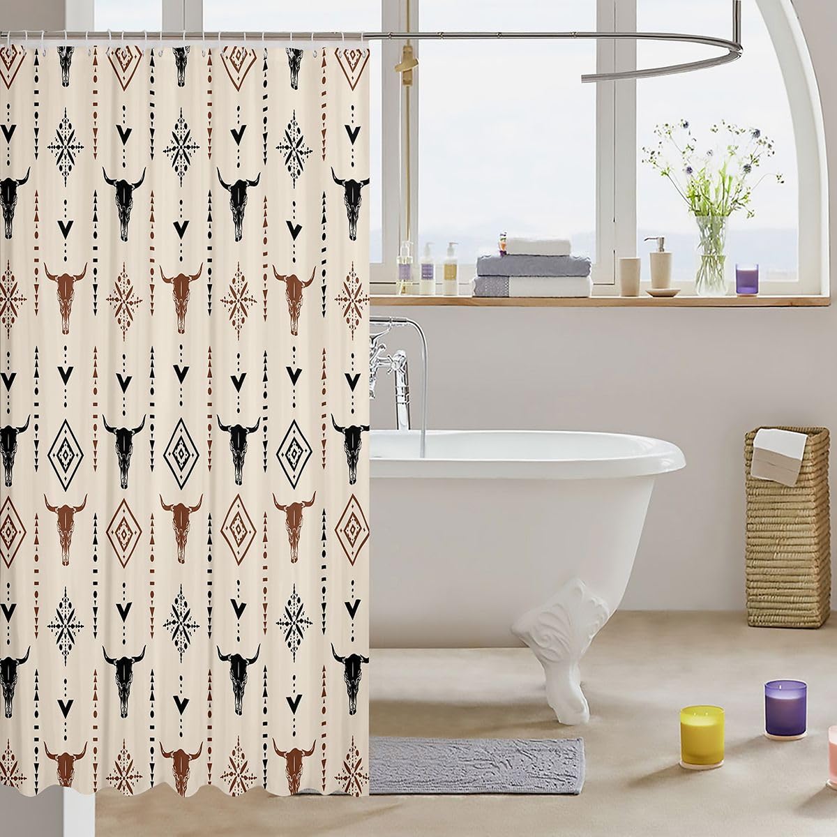 Erosebridal Bohemian Shower Curtain 72" Wx72 L Aztec Bathroom Accessories for Young Men Western Abstract Horns Mysterious Aesthetic Art Beige Minimalist Retro Symbol Bath Curtain image 3