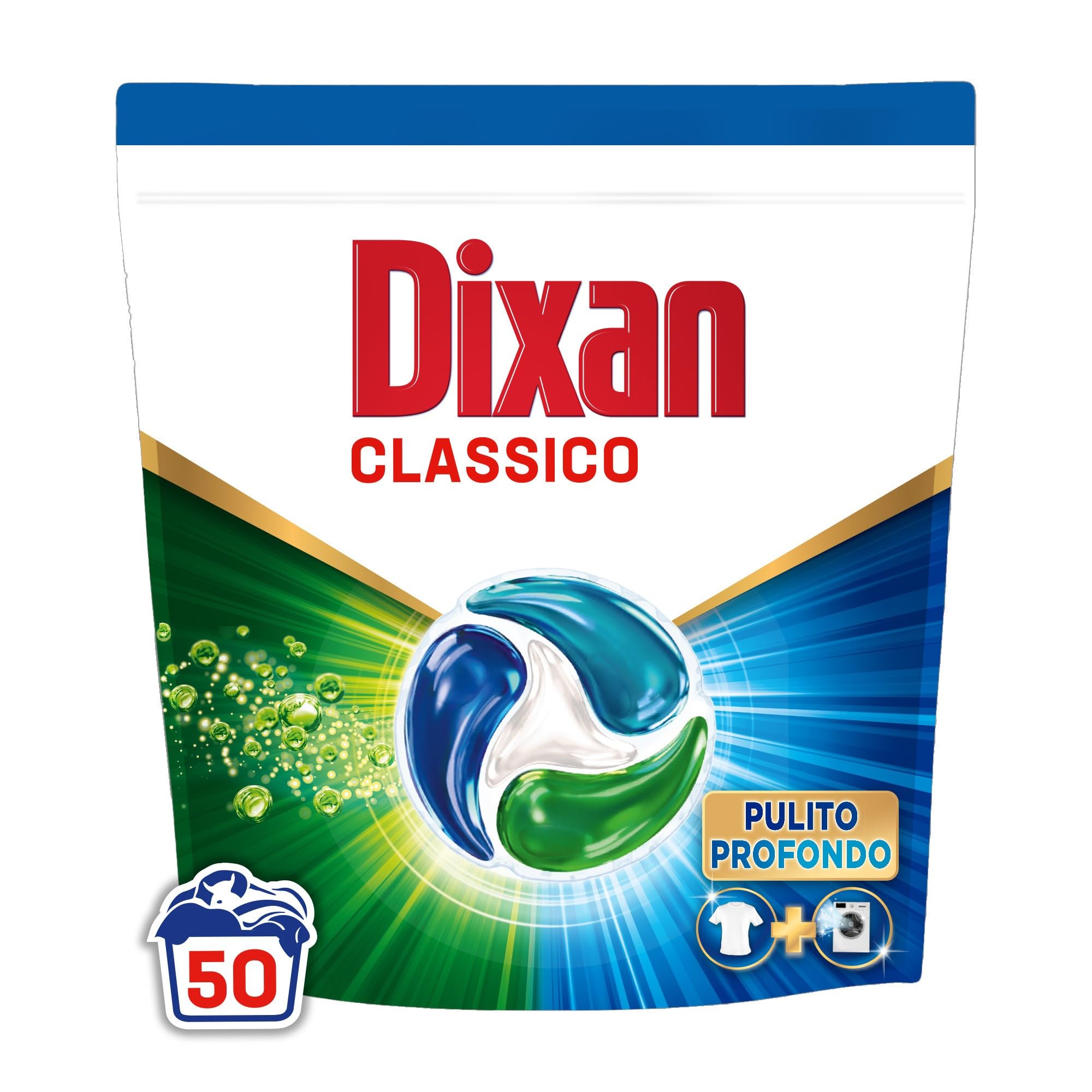 Dixan DISCS 4in1 Classico Detersivo Lavatrice, 50 x 2 Lavaggi, Capsule Lavatrice per una Pulizia Profonda del Bucato e Freschezza Igienica per la Lavatrice, Rimuove le Macchie da 20°C