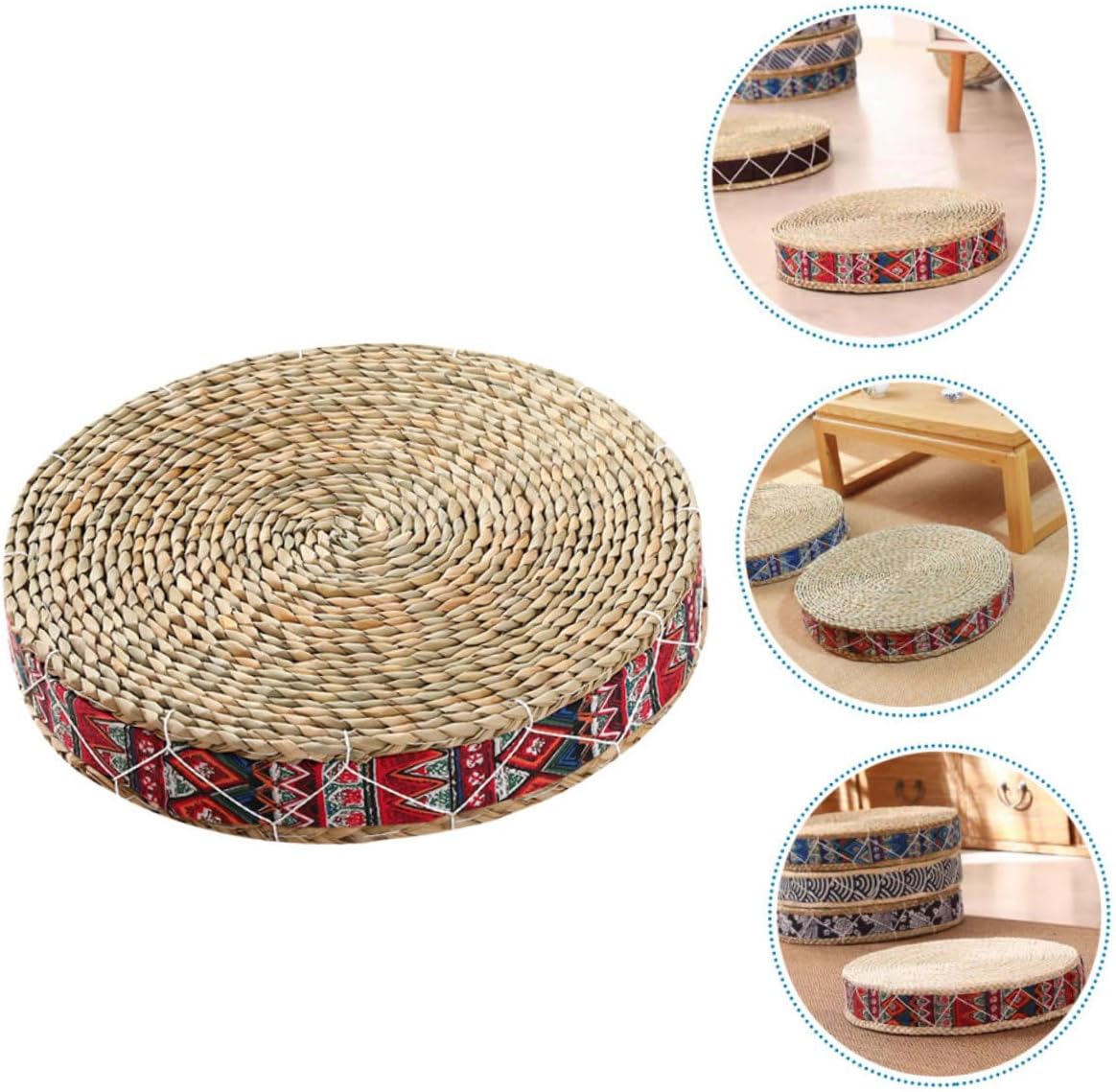 Veemoon Woven Straw Sitting Cushion 30cm Diameter X 7cm Height Bohemian Red Tatami Floor Pillow Meditation Seat Pad for Yoga and Indoor Floor Sitting