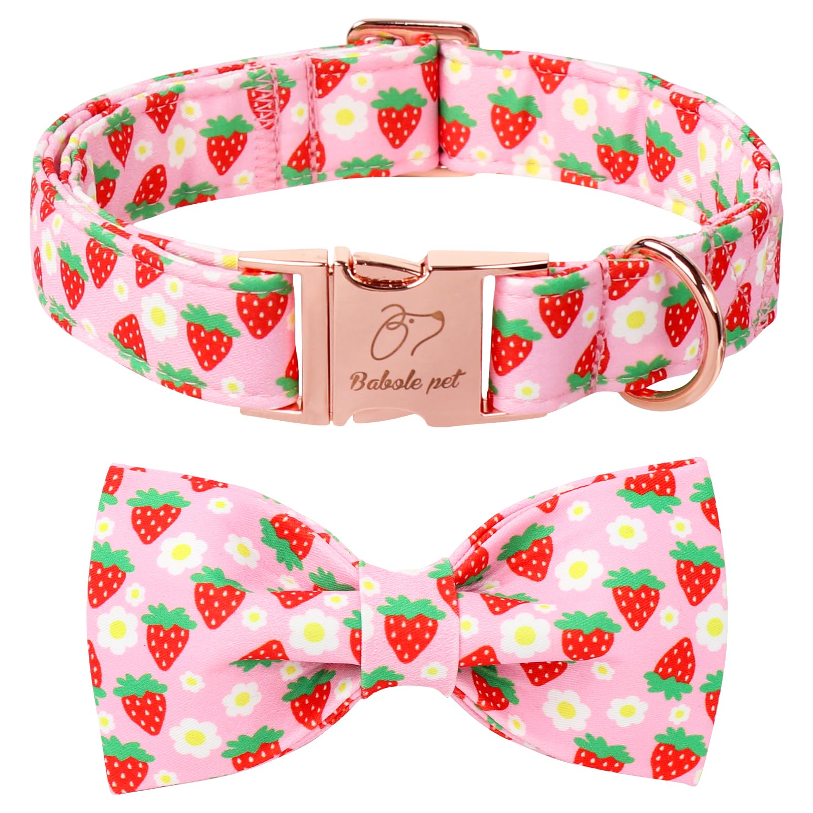 Cute Strawberry Dog Collar with Bow Tie - Adjustable Spring-Summer Pink Bowtie Collar Breathable Comfort Dog Collars for Small Medium Large Dogs M