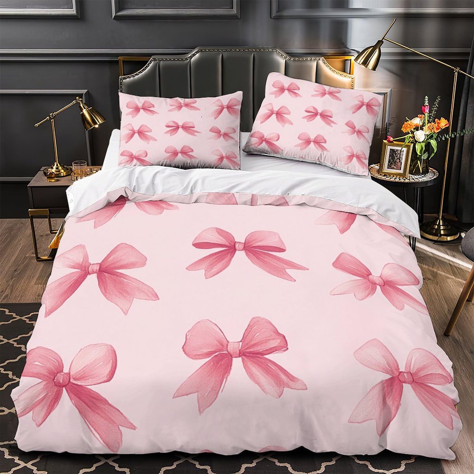 Housse de Couette Hypoallergique Nœuds Roses Lit Enfant Anti-Acariens Douce Parure Microfibre 3D
