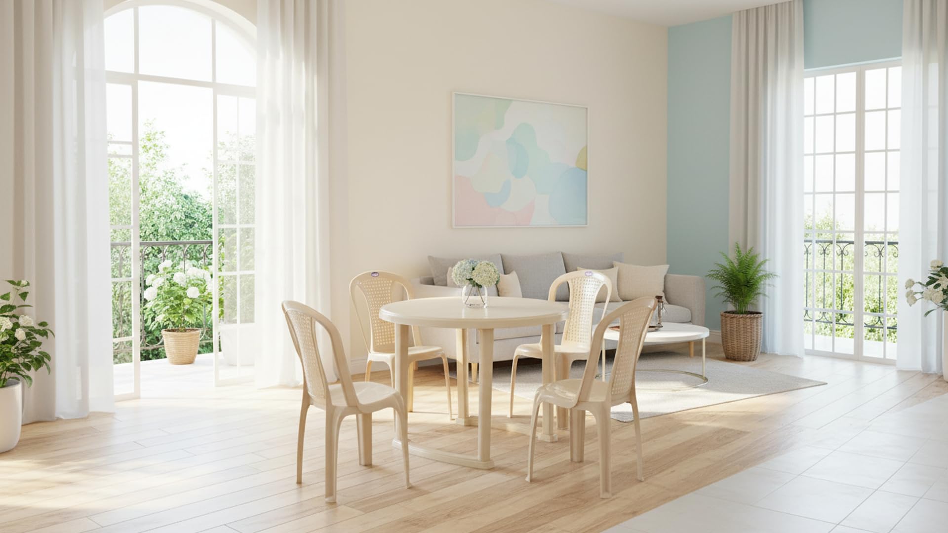 Nilkamal Meridian Round 4 Seater Virgin Plastic Dining Table Set for Dining Room | Indoor & Outdoor |Home Office | Hotel, Café and Restaurants | 1 Dining Table with 4 Chairs | Color Marble Beige