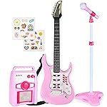 Best Choice Products Kids Electric Musical Guitar Play Set, Toy Guitar Starter Kit Bundle w/ 6 Demo Songs, Whammy Bar, Microphone, Amp, AUX, 2 Sticker Sheets - Soft Pink