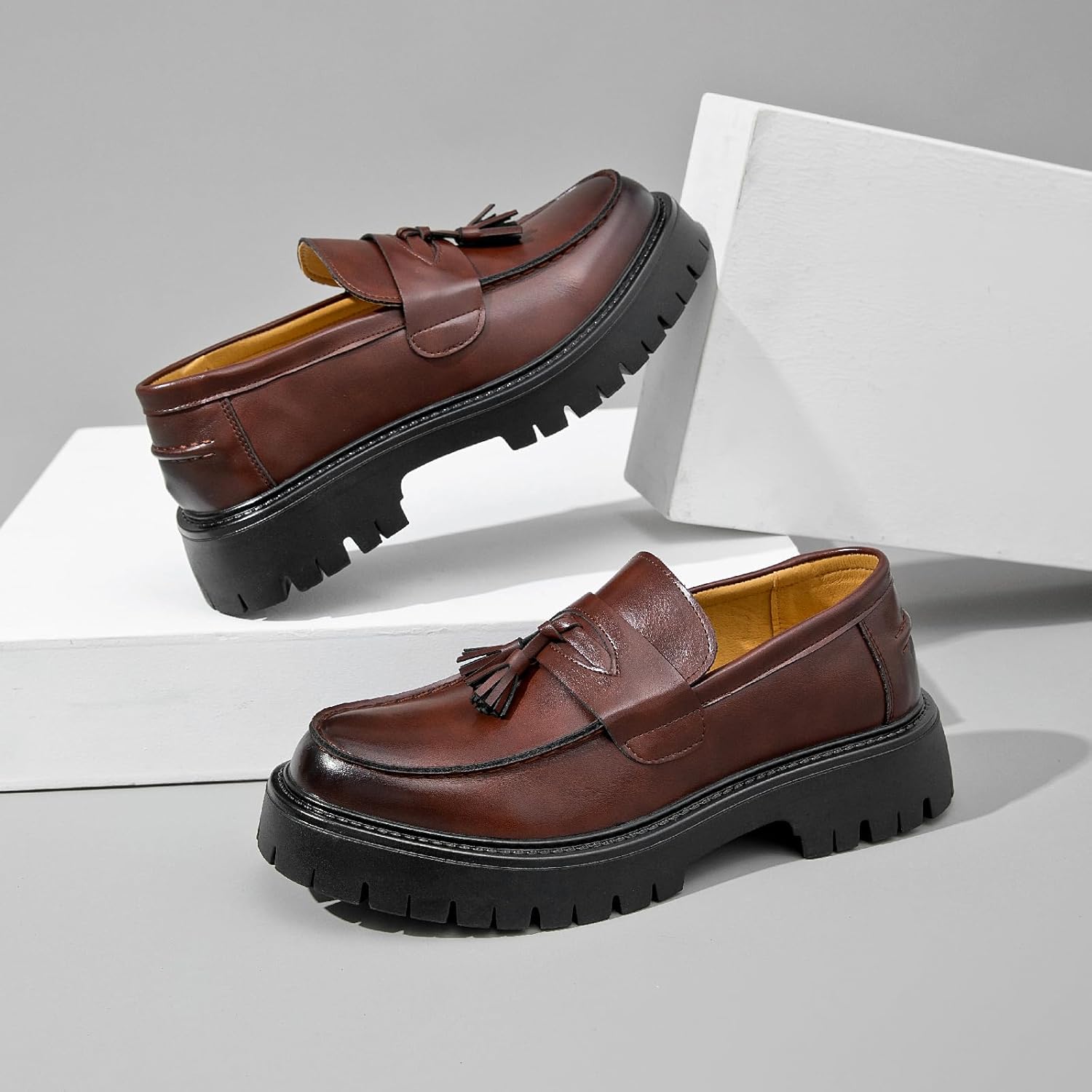 Men's Black Patent Leather Platform Loafers Slip-On Dress Shoes with Tassel, Non-Slip Lug Sole Round Toe Penny Formal Shoes for Business Work & Daily - Image 3