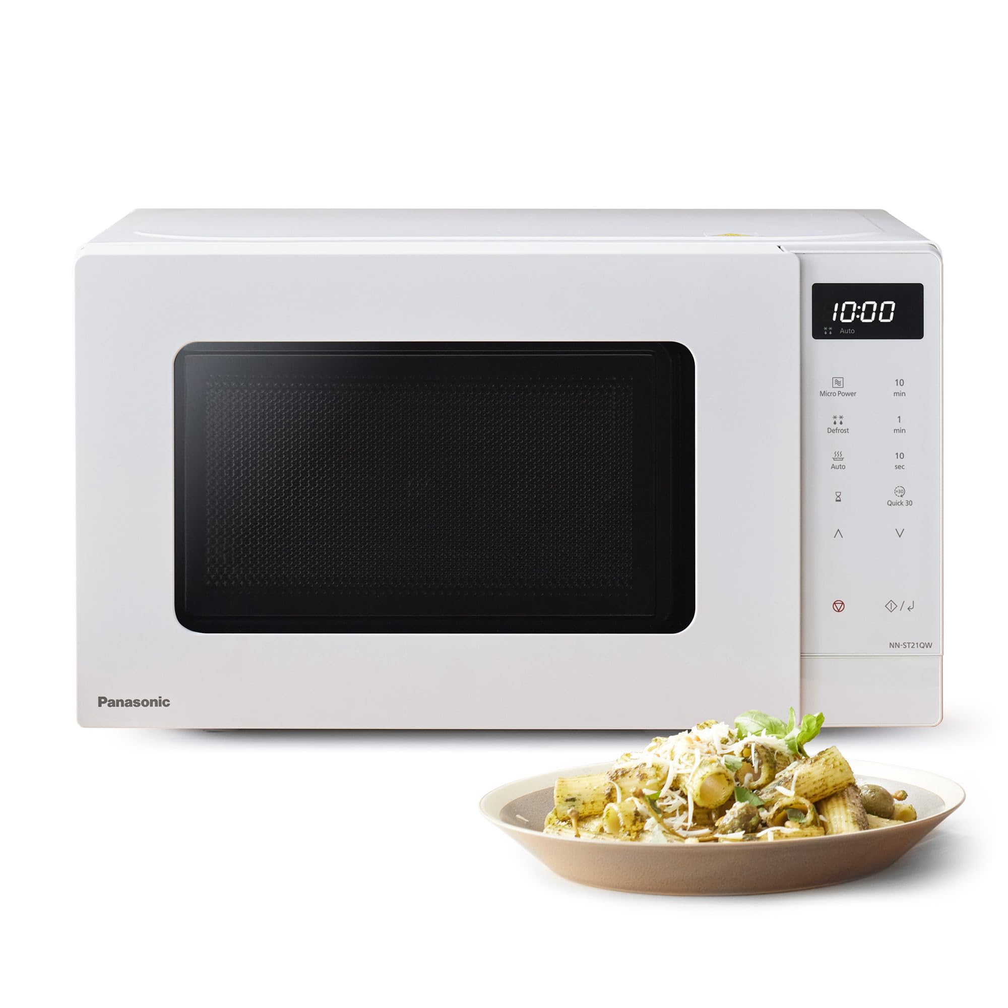 Panasonic NN-ST21QWEPG 20L Solo-Mikrowelle mit Drehteller, 800 W, automatisches Auftauen, 11 Automatikprogramme, LED-Anzeige, 5 Leistungsstufen, digitaler Timer, Weiß