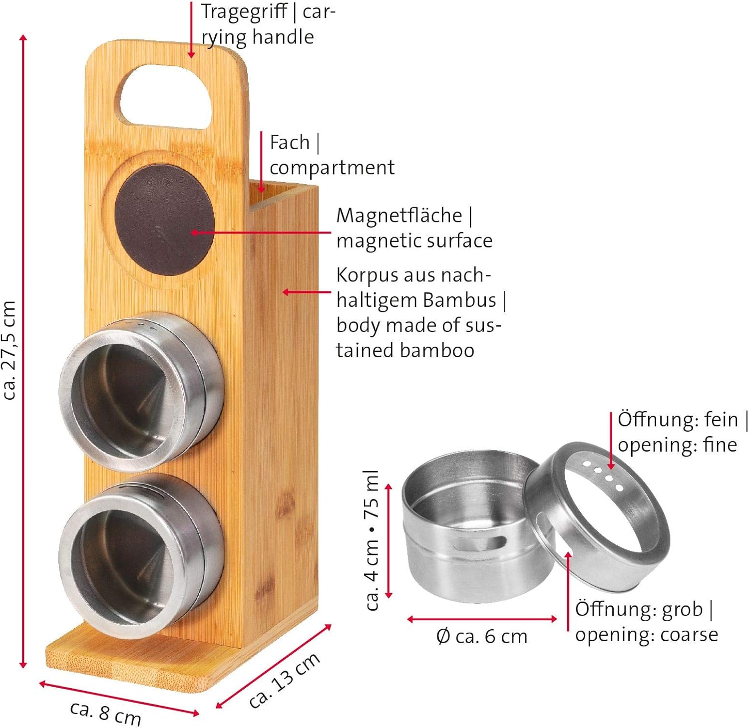 Westmark 69872260 Magnetic Spice/Utensil Holder, 3 Stainless Steel Jars with Handle, Height 27.5 cm, Bamboo/Stainless Steel, Tapas + Friends, Light Brown/Silver