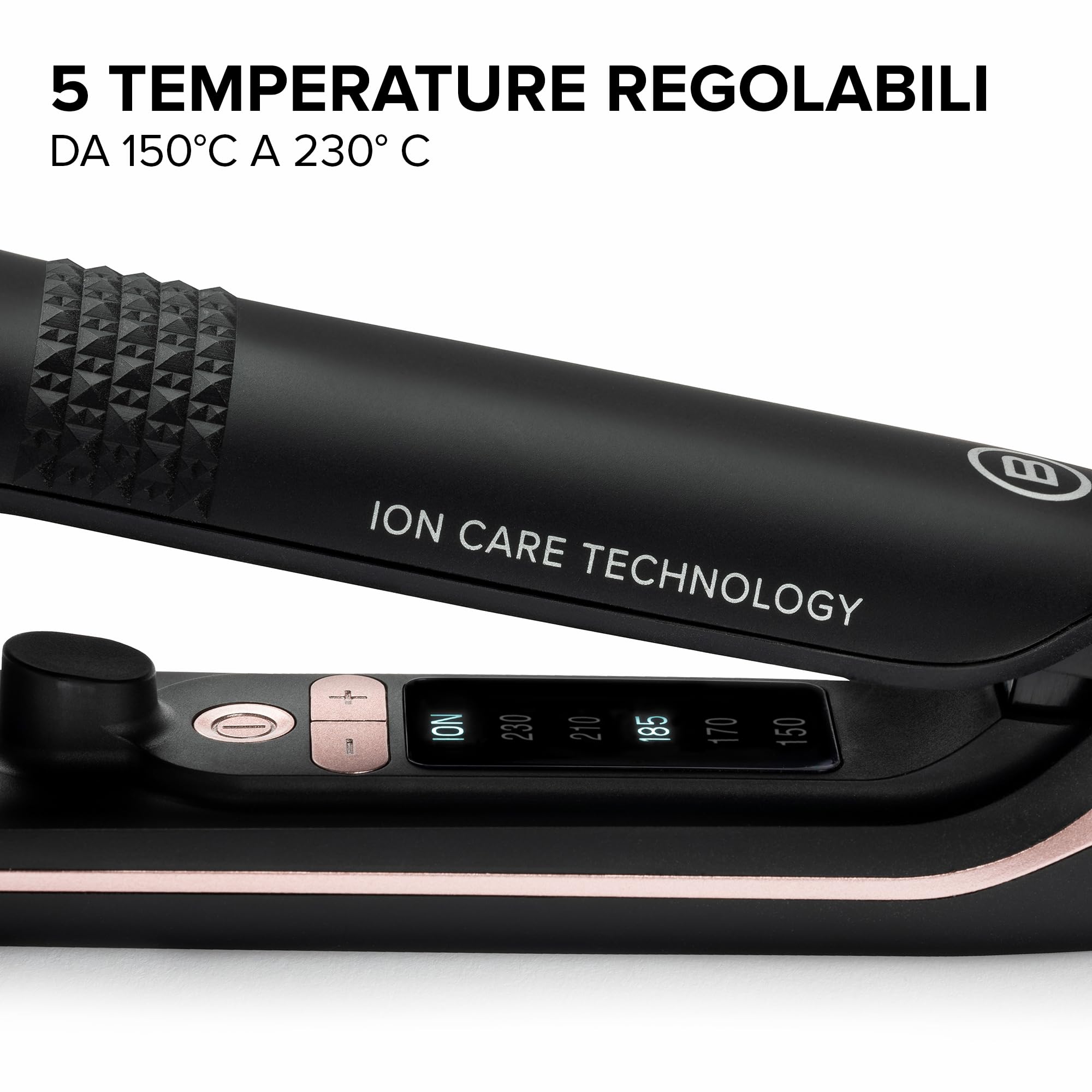 Bellissima Imetec XL ION, piastra per capelli lisci, piastre larghe, ionizzatore, rivestimento ceramica e cheratina, 5 temperature da 150 a 230°C, riscaldamento rapido, cavo 1,8 m