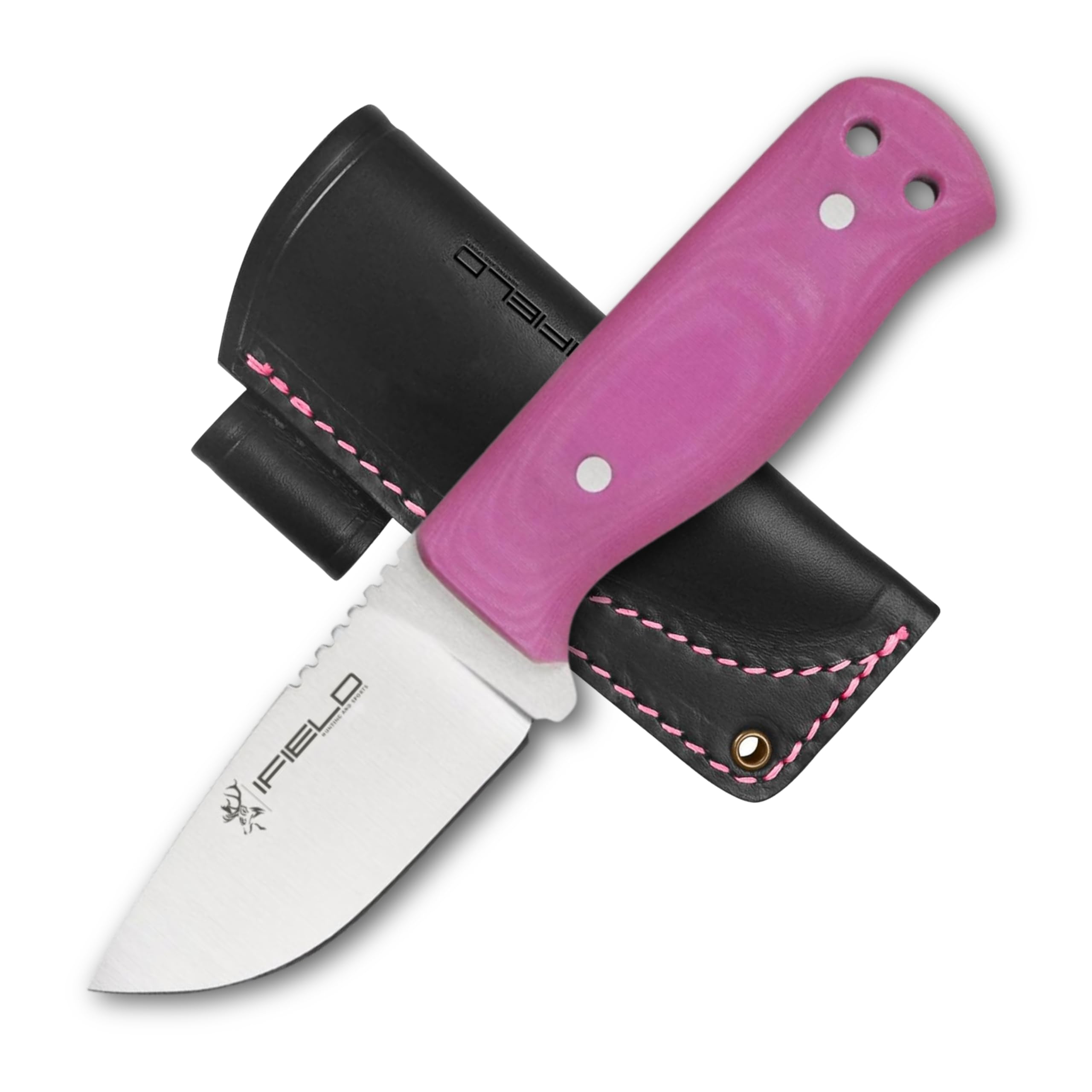 iFIELD Bushcraft Survival Knife Workout EL29113, 2.7″ MOVA Full Tang Satin Blade with Sawback, Pink Micarta Handle, Black Leather Sheath, Compact Outdoor Camping & Hiking Tool