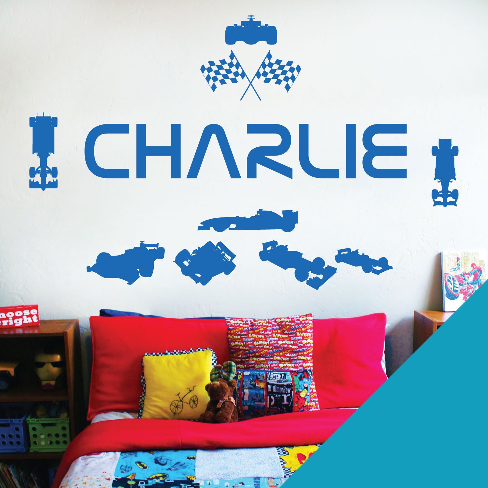 Personalised Name Children Wall Art Sticker - Racing Driver Formula 1 Cars Sport [Medium] [Sky]