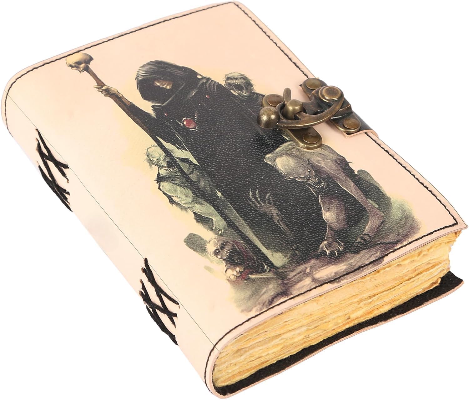 Book of Spells Leather Bound Journal Deckle Edge Paper Grimoire Printed Diary Third Eye witchcraft supply and Witch Spell Notebook Antique Vintage Book for Men and Women (Dark Wizard)