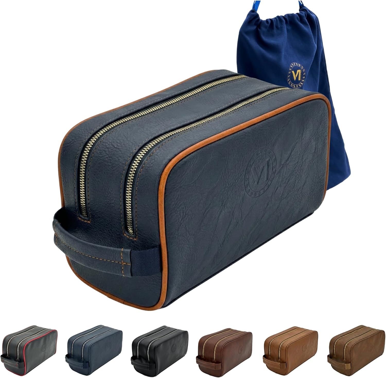 Toiletries Bag For Men, Premium PU Leather, Metal Zippers and Bottom Studs, Travel Essentials For Men, Waterproof Toiletry Bag, With Velvet Dust Bag, Mens Birthday Gift, NAVY BLUE/ORANGE
