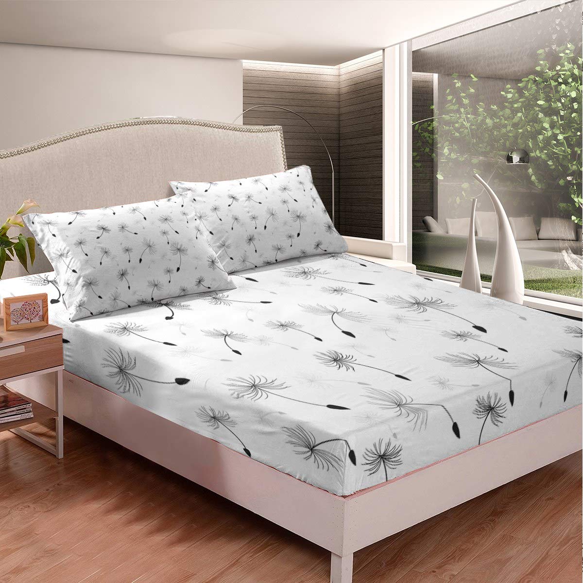 Loussiesd Dandelion Bedding Set for Girls Kids Children Botanical Floral Printed Fitted Sheet Decorative Blossom Flowers Bed Sheet Set Simple Natural Design Bed Cover King Size 3Pcs