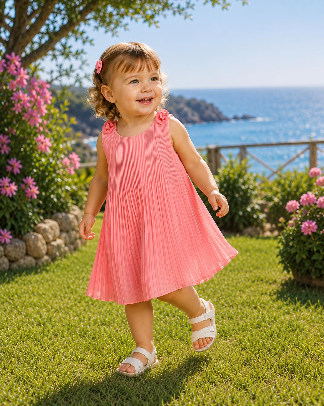 Generico Vestito Estivo Neonata 6-24 Mesi Elegante in Chiffon con Maniche a Volant e Fiocco – Abito Bambina Cerimonia Primavera Estate