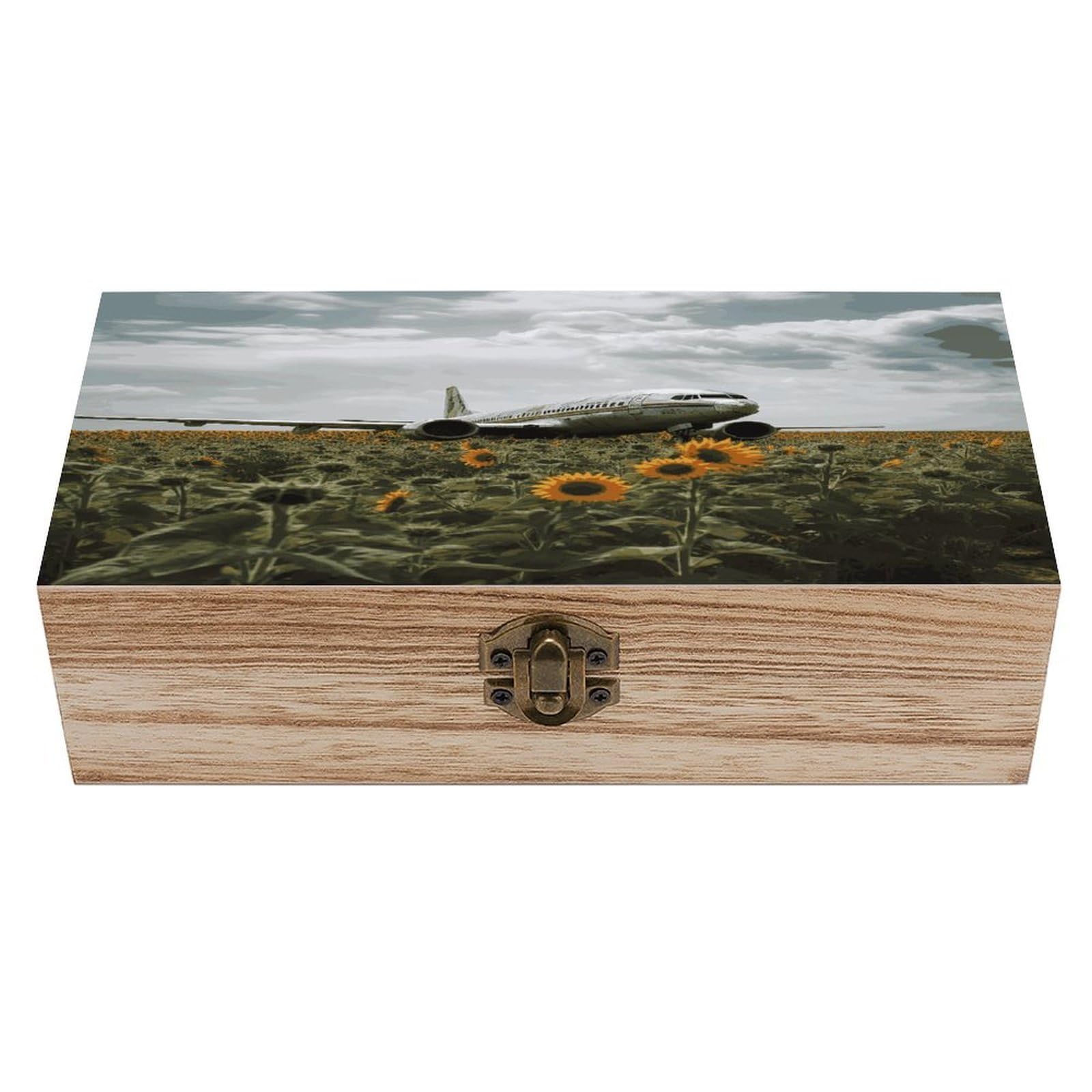 VstaDank Plane Flies to Sunflower Field Wooden Keepsake Box with Hinged Lid Solid Wood Gift Boxes Beautifully Keepsake Box Jewellery Organiser Retro Memory Treasure Case with Lids Decorative Boxes