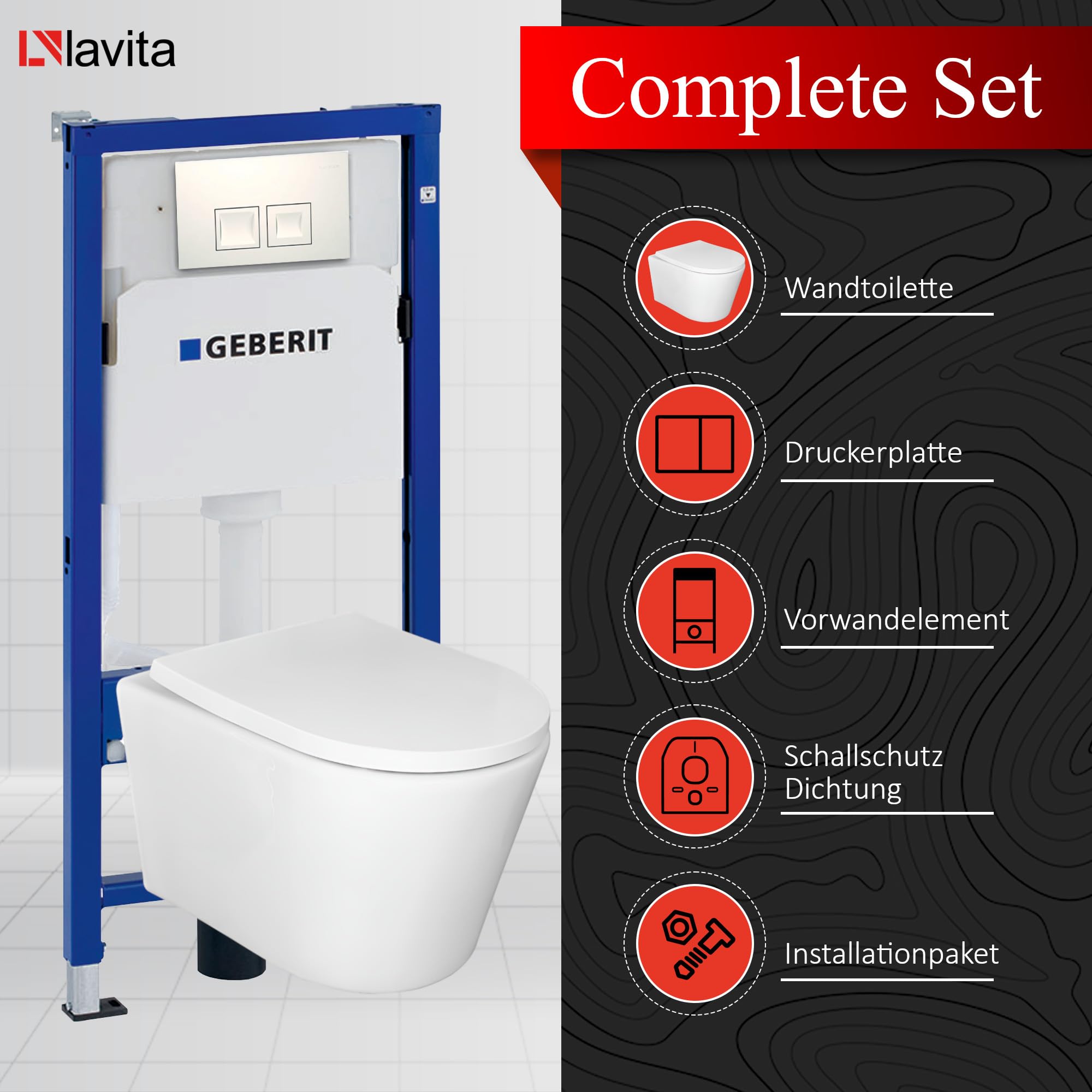 Lavita Conjunto: elemento de pared Duofix Basic WC de descarga profundaVersoni blanco sin reborde con sistema de descarga Tornado+asiento de WC con cierre automático+con botón blanco Conjunto completo