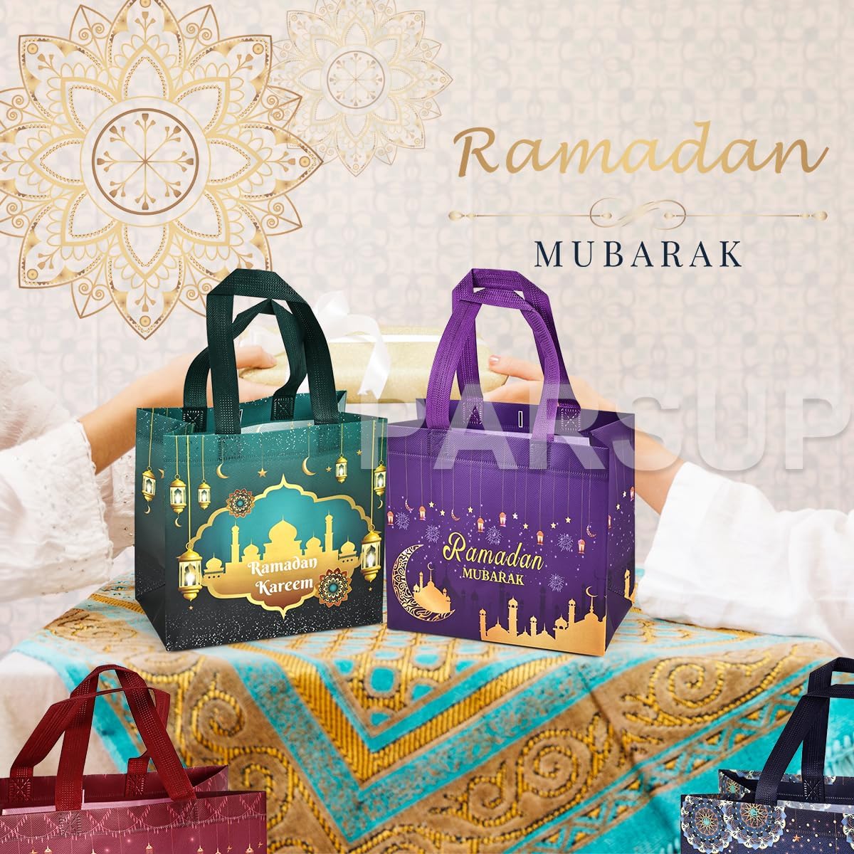 16PCS Ramdan Mubarak Reusable Gift Bags, Assorted Size Treat Bags with Handles, Ramadan Mubarak Party Bags, Multifunctional Non-Woven Ramadan Bags for Gifts Wrapping, Ramadan Kareem Party Supplies - Image 2