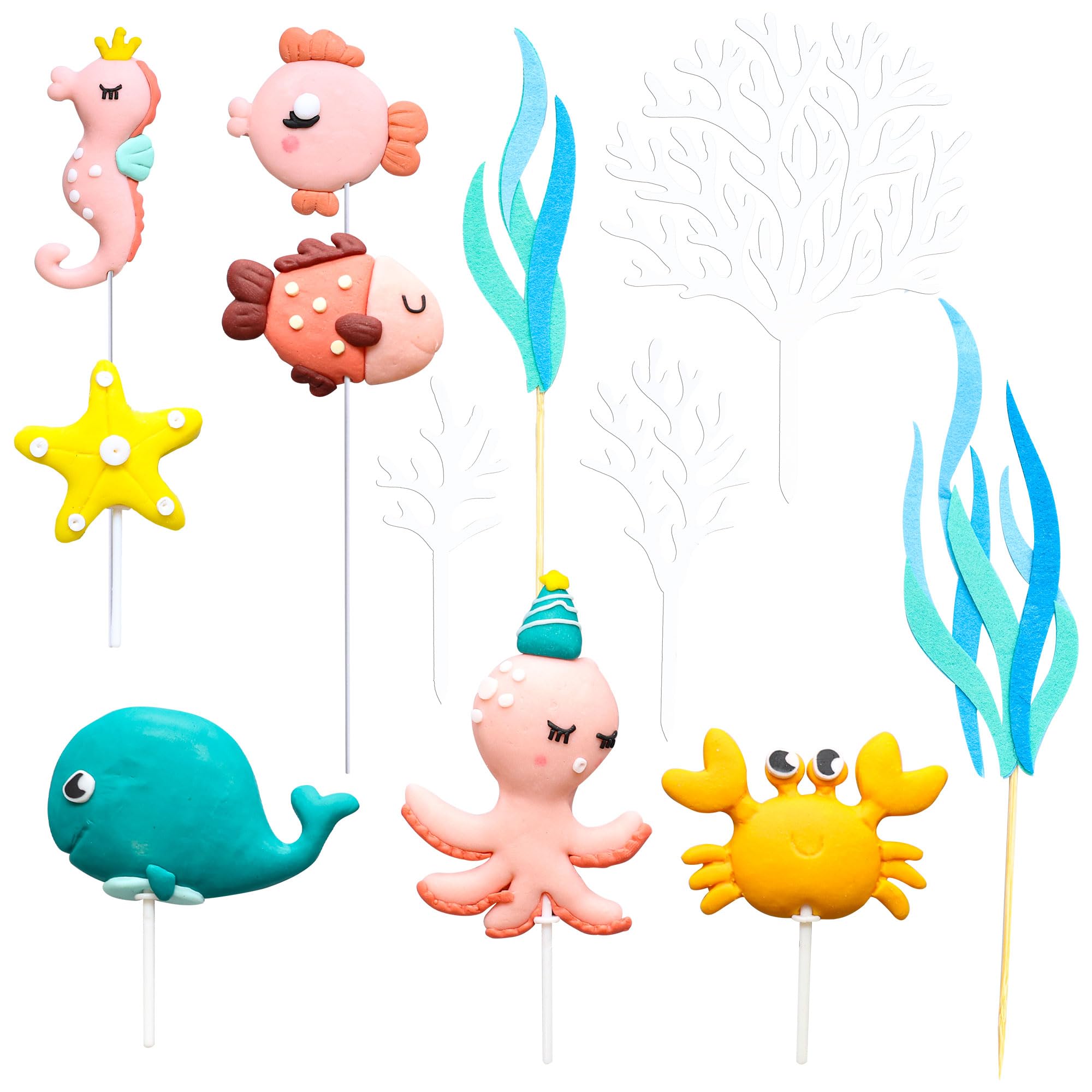 Gyufise 12 Pack Under The Sea Cake Decoration Ocean Animal Devil Fish Crab Dolphin Octopus Seahorse Cake Toppers for Ocean Mermaid Theme Party Supplies Blue - Image 4
