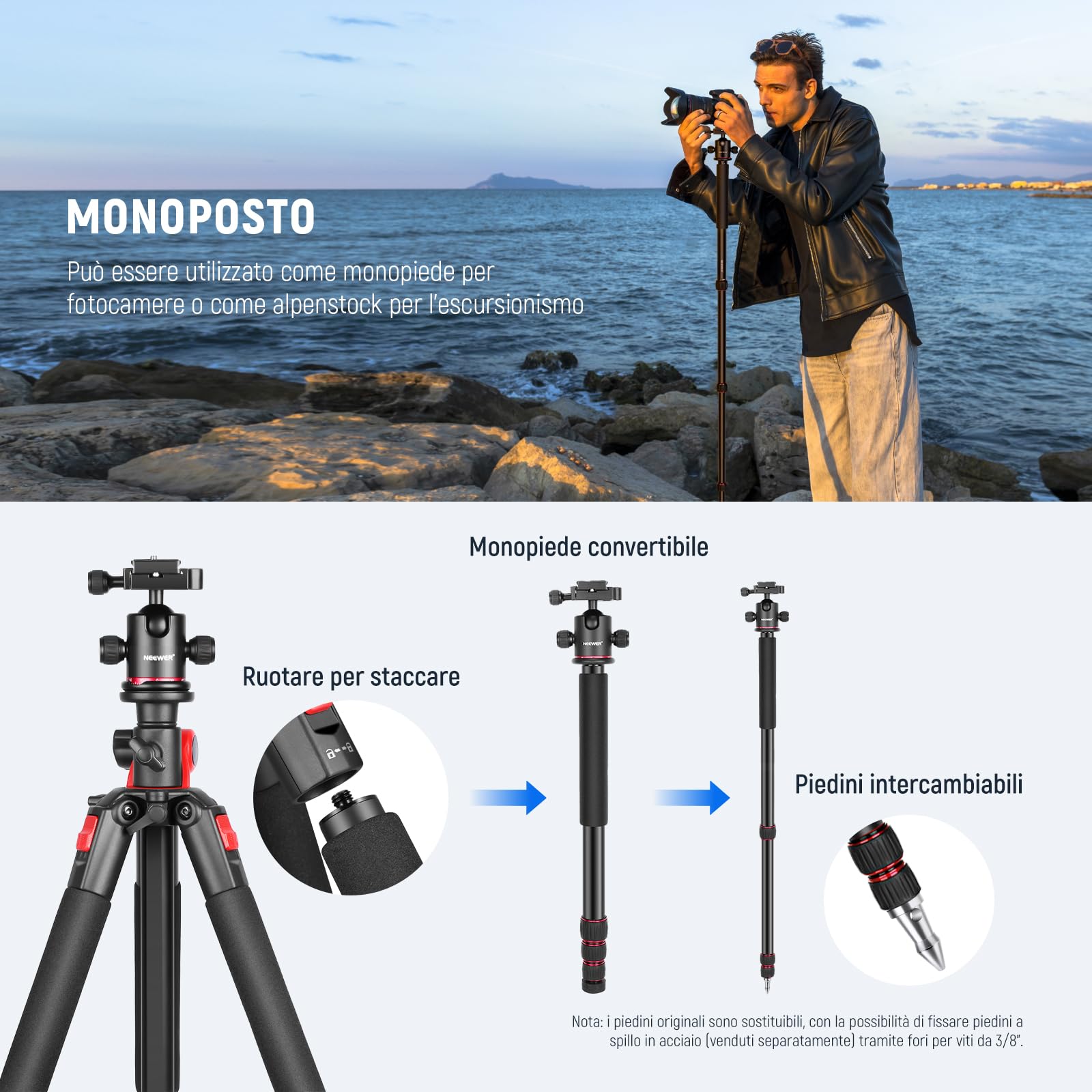 NEEWER 184cm Treppiede Monopiede per Fotocamera con Colonna Centrale e Testa a Sfera in Alluminio, Piastra QR Tipo Arca, Borsa, Treppiede Braccio Orizzontale per Fotocamera DSLR, Videocamera, Max 33lb