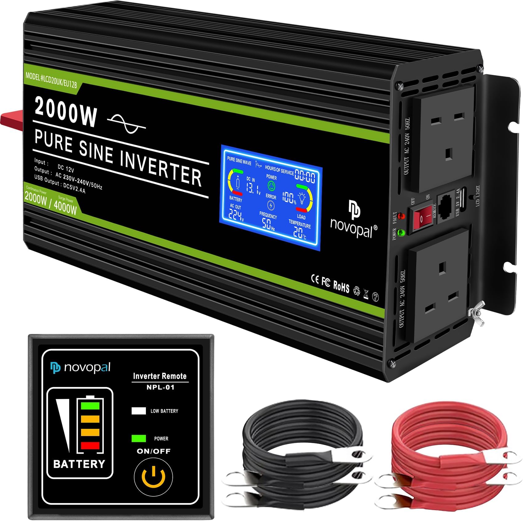 Novopal 2000W Pure Sine Wave Inverter 12V to 230V 240V Car Converter Power Inverter with LCD Display 2AC Outlets and USB Port,Remote Control for Motorhomes,Truck,Boat,Camping,Household,Van