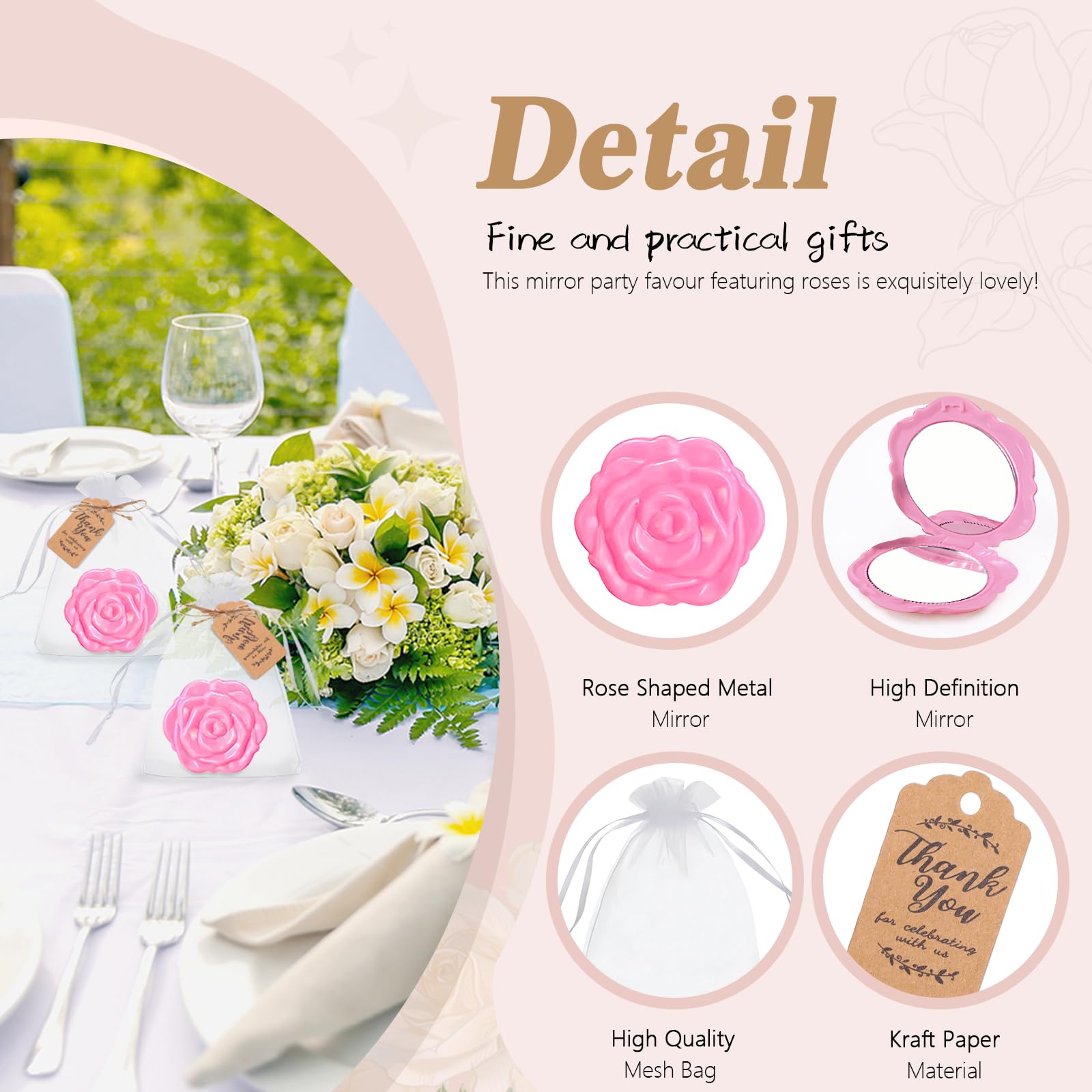 Set di 30 specchi compatti a forma di rosa, per matrimoni, bomboniere per feste di addio al nubilato per gli ospiti a forma di rosa, portatili, pieghevoli, con etichetta di ringraziamento