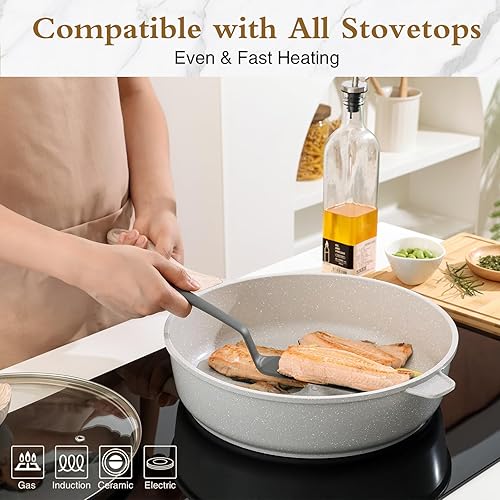 Miniatura 5 de Kordisen Sartén profunda de cerámica antiadherente, sartén grande no tóxica de 12 pulgadas con tapa, olla jumbo saludable de 5 cuartos de galón,