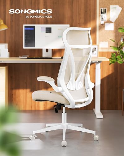SONGMICS Office Chair, Swivel Mesh Chair, Ergonomic Backrest, Height Adjustable, Flip-Up Armrests, Headrest, Supports up to 150 kg, Cappuccino Beige OBN088K01 - 2
