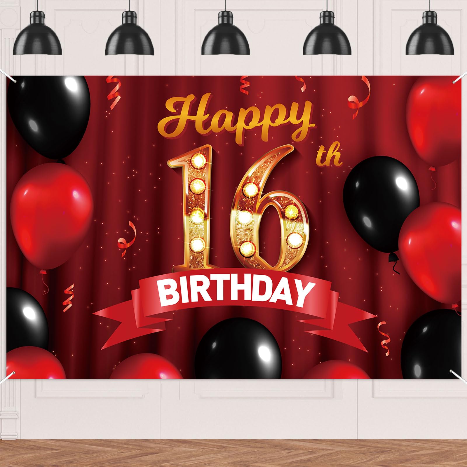 Happy 16th Birthday Red Banner Gold Backdrop Red and Black Balloons Theme Decor for Girls Women Princess 16 Years Old Birthday Party Supplies Photo