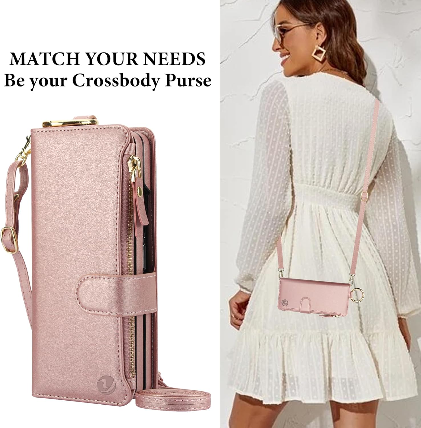 for Samsung Galaxy Z Fold 4 Case Wallet with RFID Blocking Card Holder and Shoulder Strap Wrist Strap, Multi-Function Stylish Ring Zipper Purse Case for Galaxy Z Fold 4, Rose Gold