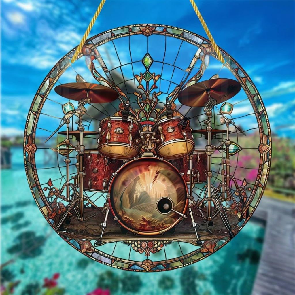 Vintage Drums Acrylic Window Hanging Music Equipment Stained Suncatchers for Window Acrylic Panels Bedroom Garden Kitchen Wall Decoration Gifts for Women Mom Grandma Teacher